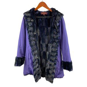 Vintage Hal Rubenstein Purple & Black Faux Fur Trimmed Hooded Coat XS